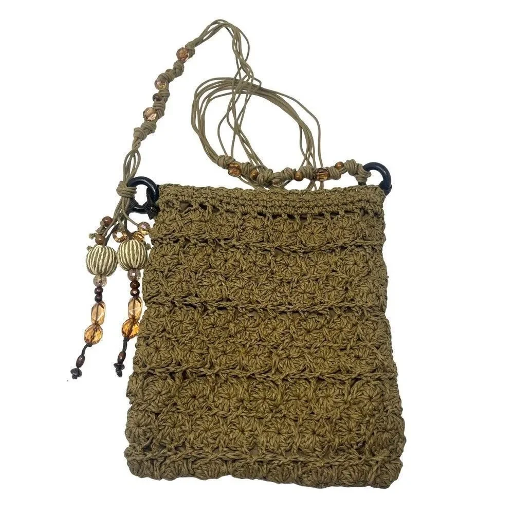Cappelli Straworld crossbody Paper bag beaded strap medium brown BoxV